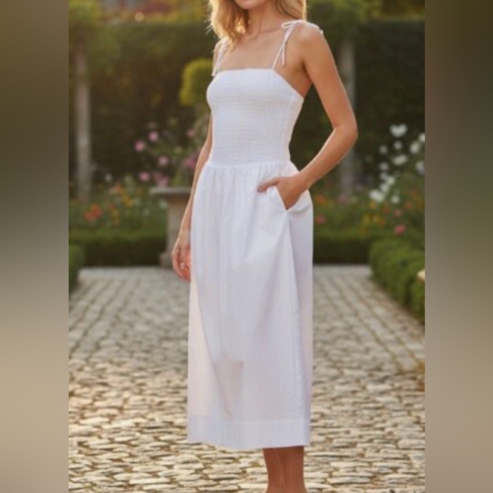 Astr White Smocked Strap Tie-Shoulder Maxi Dress